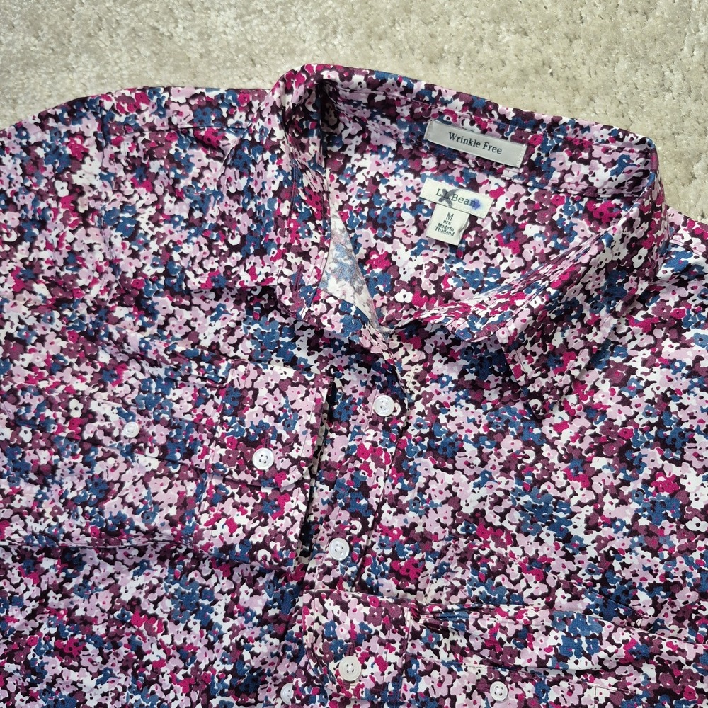 LL Bean Shirt Womens Medium Pink Floral Button Up Top Mature Coastal Cottage Mom